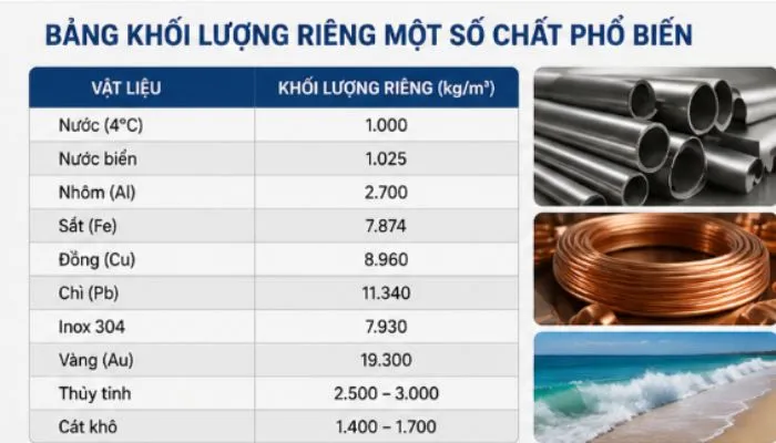 Bảng khối lượng riêng một số chất phổ biến