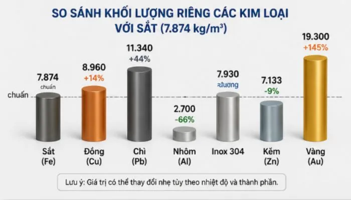 Bảng so sánh khối lượng riêng của các kim loại