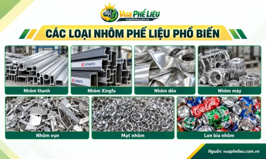 Các loại nhôm phế liệu phổ biến gồm nhôm thanh, nhôm Xingfa, nhôm máy, nhôm vụn, mạt nhôm và lon bia nhôm