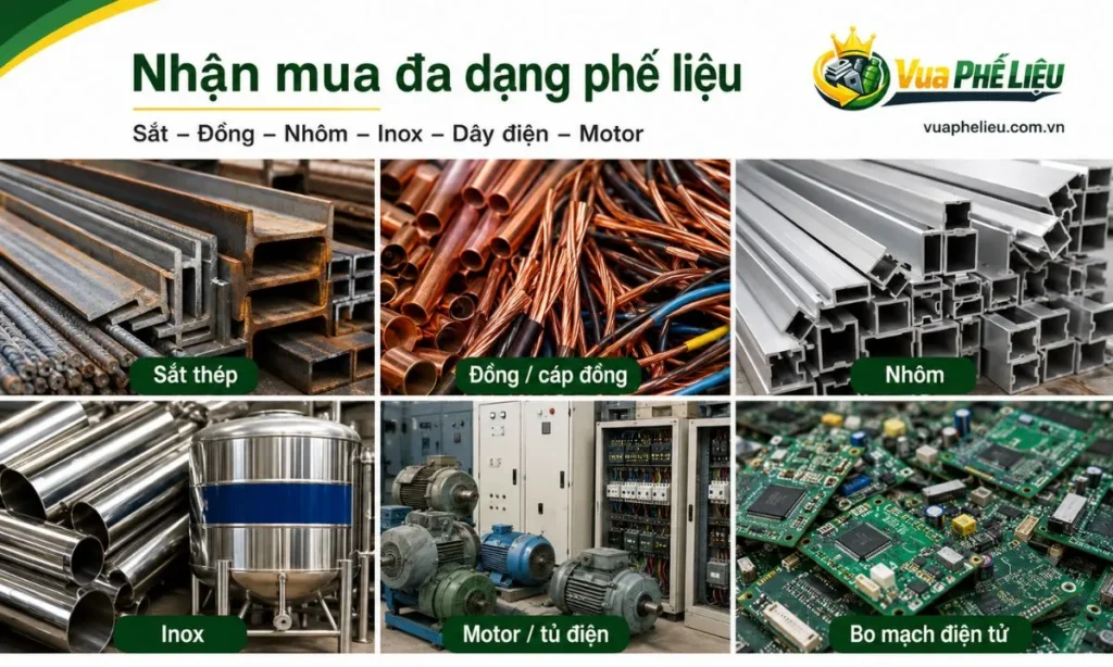 các nhóm phế liệu Vua Phế Liệu nhận mua tại Hải Dương, bao gồm kim loại, dây cáp, motor, bo mạch và thiết bị nhà xưởng cũ.