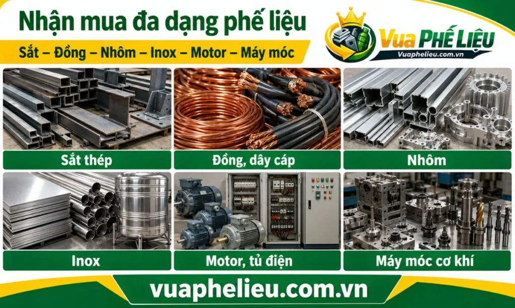 các nhóm phế liệu Vua Phế Liệu nhận mua tại Ninh Bình, gồm kim loại, dây điện, motor, tủ điện và chi tiết máy cũ.