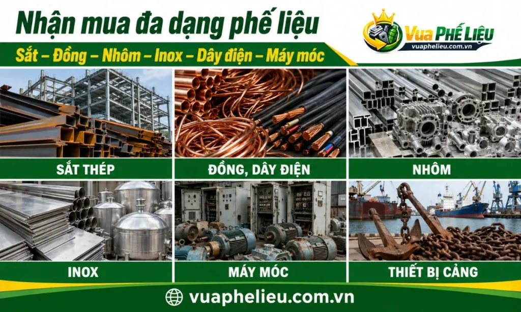 các nhóm phế liệu Vua Phế Liệu nhận mua tại Quảng Ninh, gồm kim loại, dây cáp, motor, máy móc và thiết bị cảng.