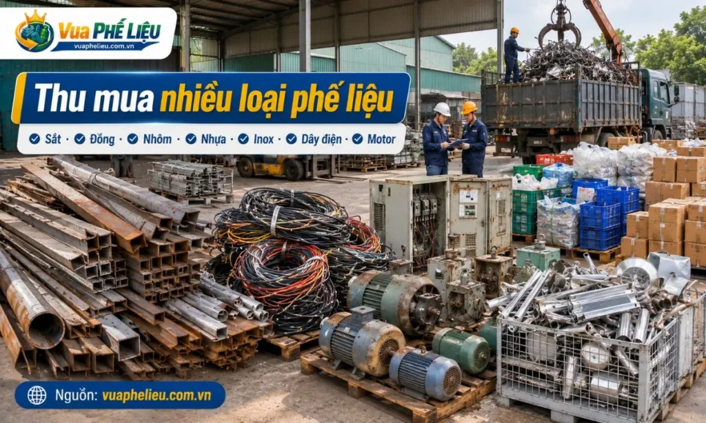 các loại phế liệu Vua Phế Liệu nhận mua tại Bắc Ninh như sắt, đồng, nhôm, inox, dây điện, cáp điện, hợp kim, nhựa, carton, pallet, motor, tủ điện và máy móc cũ.