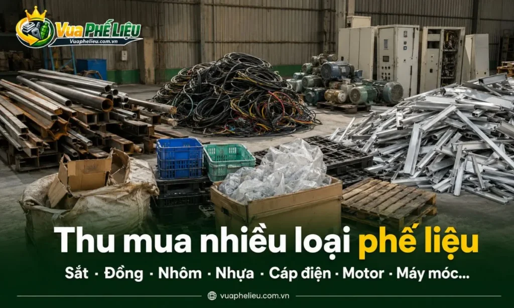các loại phế liệu Vua Phế Liệu nhận mua tại Hải Phòng như sắt, đồng, nhôm, inox, dây điện, cáp điện, hợp kim, nhựa, carton, pallet, motor, tủ điện và máy móc cũ.