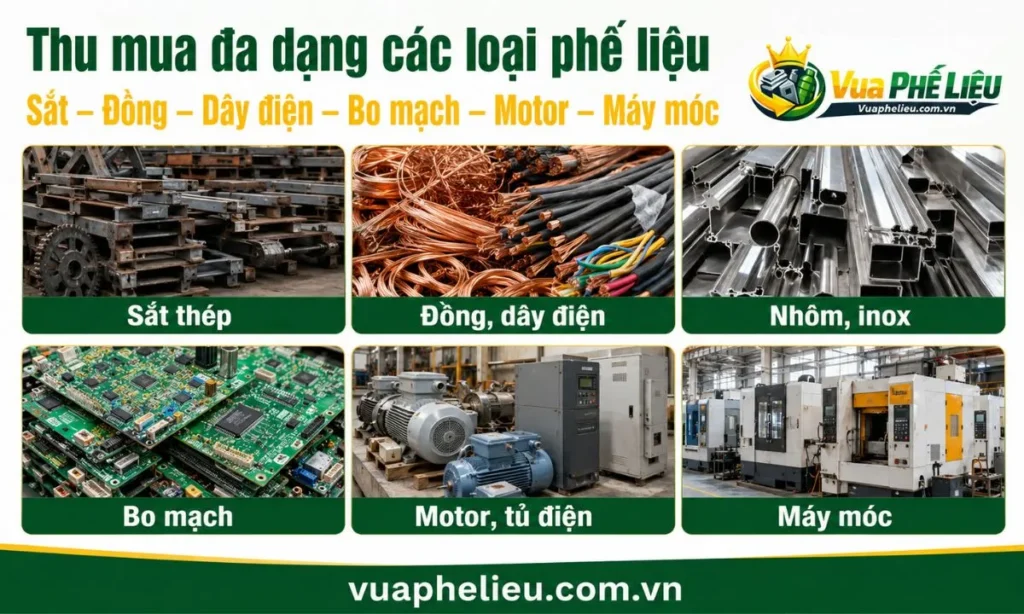 Các loại phế liệu tại Thái Nguyên gồm sắt đồng dây điện bo mạch motor và máy móc cũ
