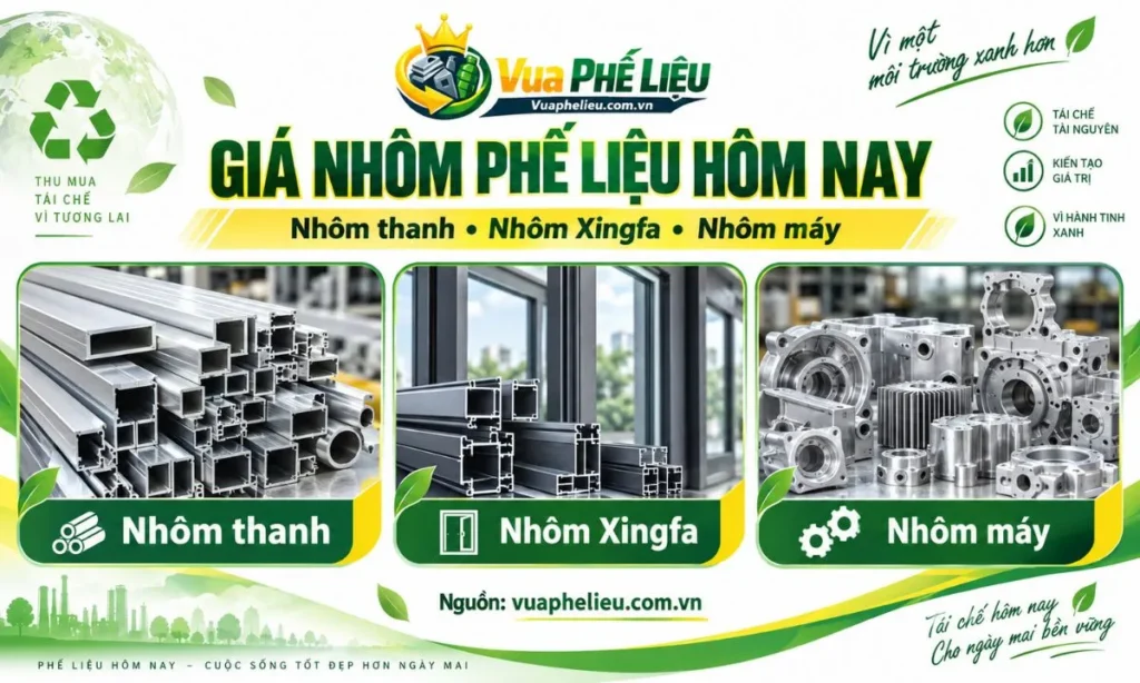 Giá nhôm phế liệu hôm nay gồm nhôm thanh, nhôm Xingfa và nhôm máy