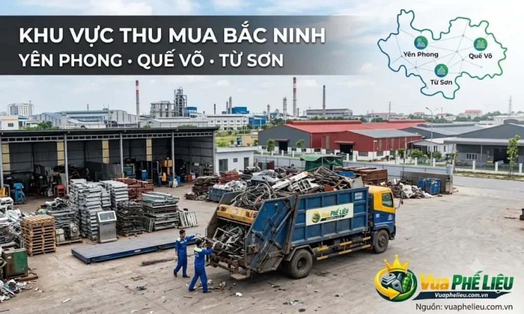 khu vực thu mua phế liệu Bắc Ninh, nhận báo giá tại TP Bắc Ninh, Từ Sơn, Yên Phong, Quế Võ, Tiên Du, Thuận Thành, Gia Bình, Lương Tài, KCN và nhà xưởng.