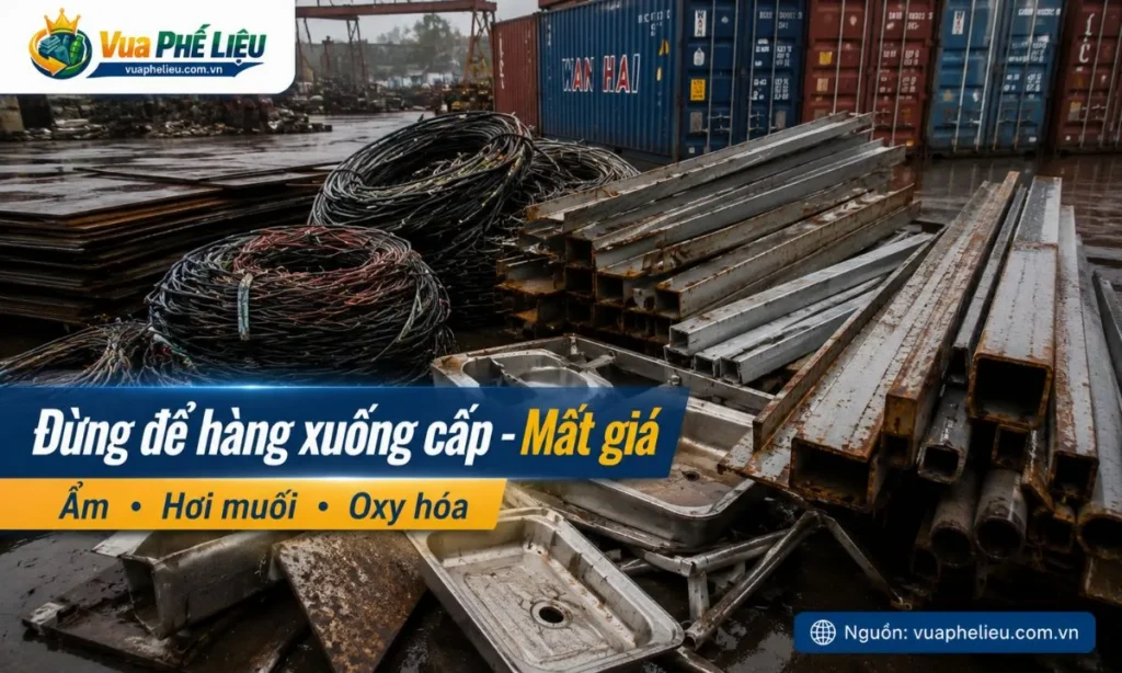 đặc thù phế liệu Hải Phòng trong môi trường ẩm, hơi muối, hàng sắt thép, dây điện, nhôm và vật tư kho bãi dễ rỉ, oxy hóa và giảm giá trị nếu để lâu.