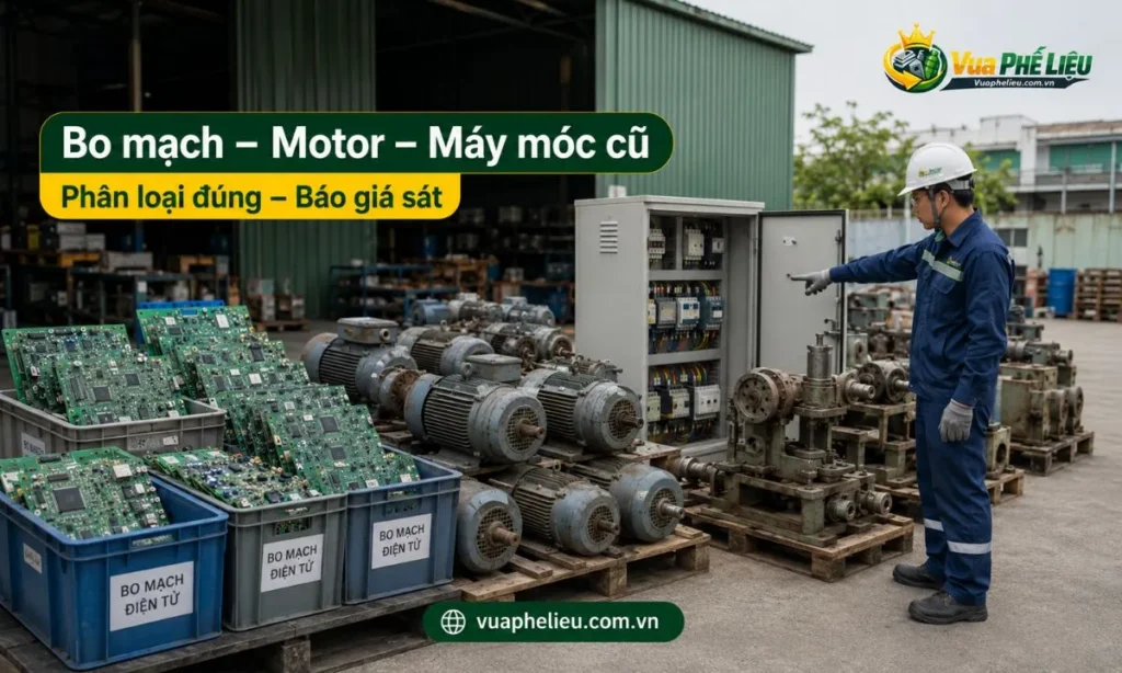 phân loại bo mạch điện tử, motor, tủ điện và thiết bị nhà xưởng cũ trước khi báo giá thu mua tại Hải Dương.