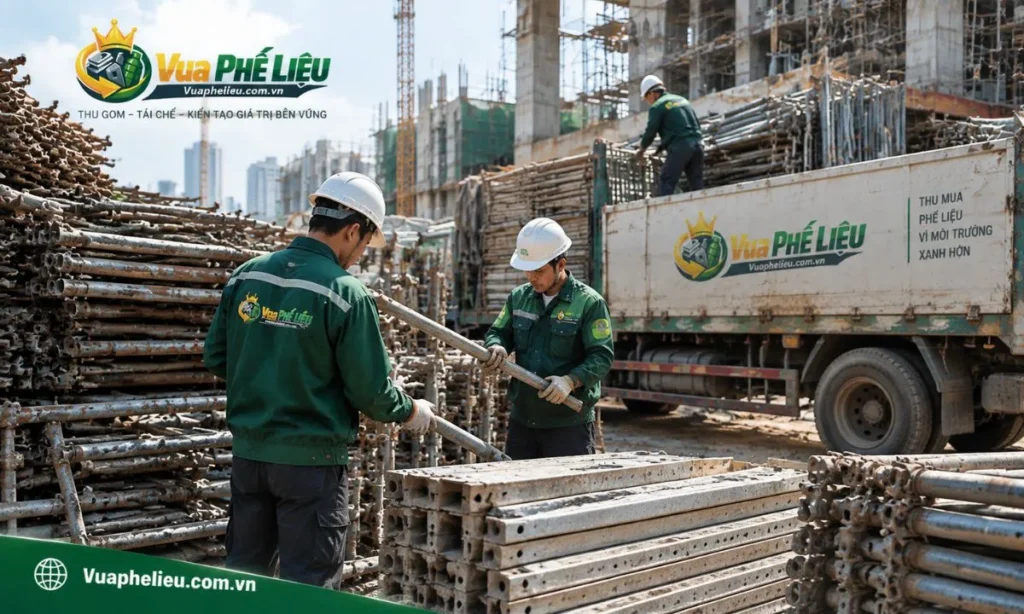 Nhân viên Vua Phế Liệu thu gom giàn giáo cũ tại công trình