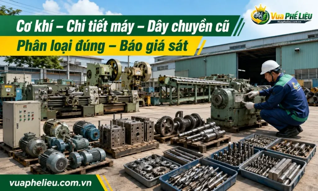 phân loại chi tiết máy, khuôn, dao cụ hợp kim, motor, tủ điện và thiết bị sản xuất cũ trước khi báo giá.