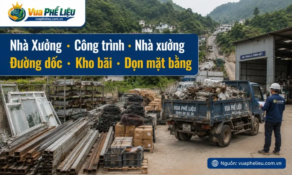 thu mua phế liệu công trình, nhà xưởng và kho bãi tại Hòa Bình, nhận sắt thép, khung kèo, nhôm kính, inox, dây điện, kệ sắt, pallet, carton và vật tư xây dựng cũ.