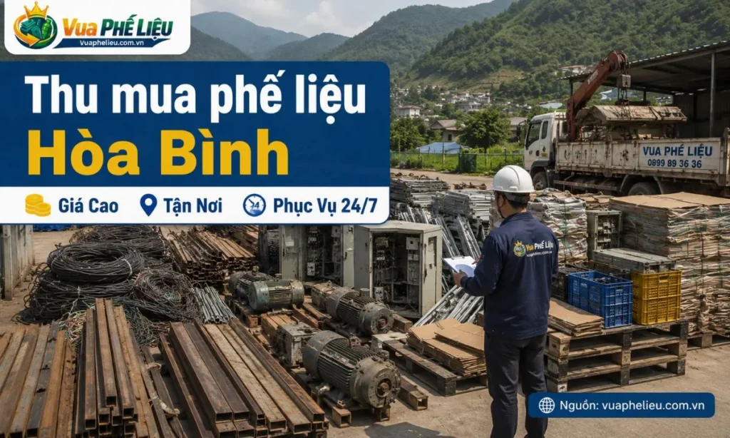 dịch vụ thu mua phế liệu Hòa Bình tận nơi của Vua Phế Liệu, nhận sắt, đồng, nhôm, inox, dây điện, motor, tủ điện, máy móc cũ, carton, pallet và vật tư tồn kho.