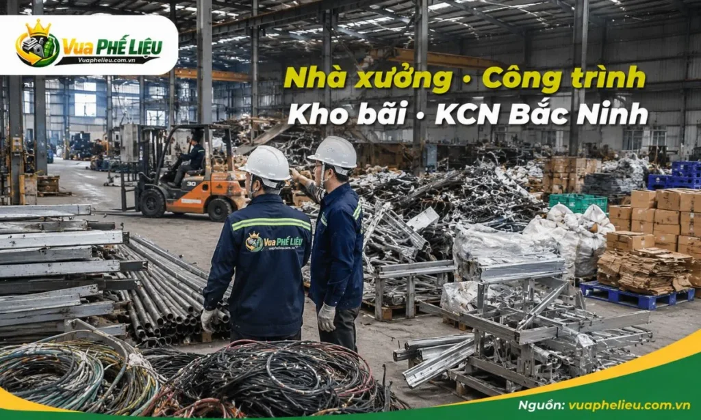 thu mua phế liệu nhà xưởng, công trình và kho bãi tại Bắc Ninh, gồm sắt thép, khung kèo, xà gồ, dây điện, nhôm kính, inox, pallet, thùng nhựa và vật tư tồn kho.