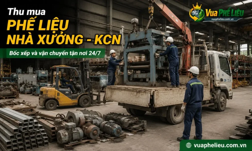 xe tải cẩu thu gom sắt thép, khung máy và vật tư thanh lý tại sân nhà xưởng ở Hải Dương.
