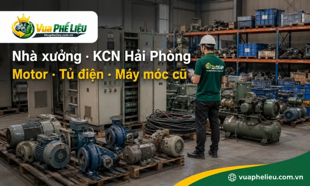 thu mua phế liệu nhà xưởng, KCN và máy móc cũ tại Hải Phòng, gồm motor, tủ điện, dây cáp điện, máy bơm, máy nén khí, thiết bị sản xuất cũ, pallet và vật tư tồn kho.