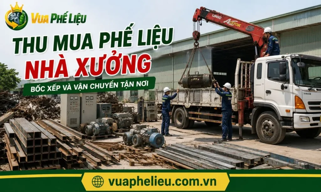 xe tải cẩu thu gom sắt thép, máy móc và vật tư thanh lý tại sân nhà xưởng ở Quảng Ninh.