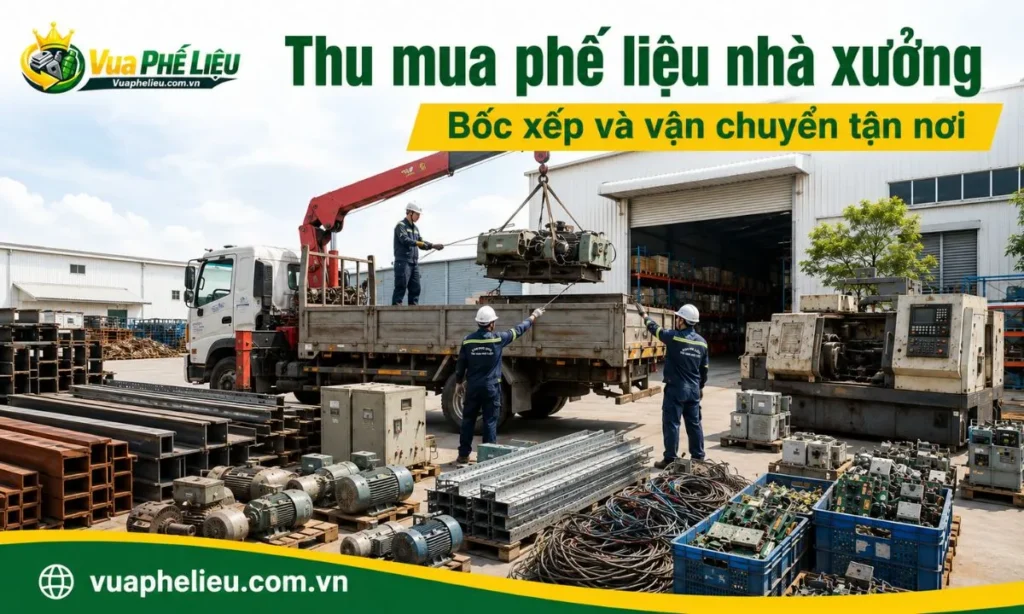 thu gom sắt máy, motor, tủ điện, dây cáp và thiết bị thanh lý tại sân nhà xưởng ở Thái Nguyên.