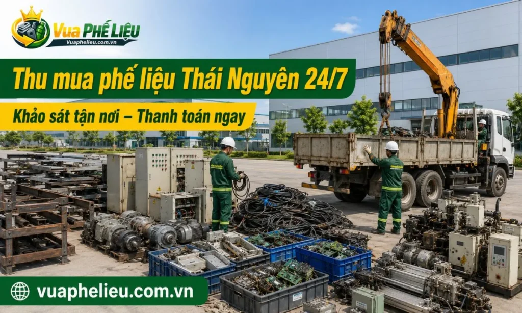 thu mua phế liệu Thái Nguyên tận nơi, nhận sắt máy, dây điện, bo mạch, motor, tủ điện và thiết bị nhà xưởng.