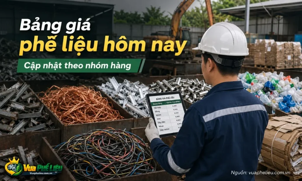 bảng giá phế liệu hôm nay tại Vua Phế Liệu, gồm các nhóm hàng như sắt, đồng, nhôm, inox, nhựa, giấy, dây điện và máy móc cũ.