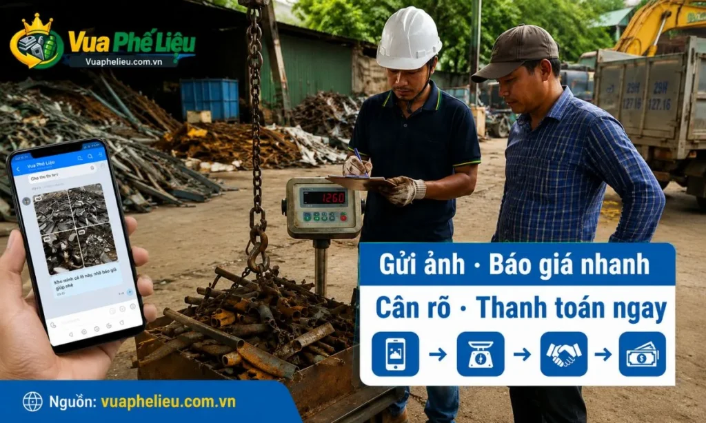 quy trình Vua Phế Liệu báo giá qua ảnh, kiểm tra lô hàng, cân phế liệu minh bạch và thanh toán ngay sau khi thu mua.
