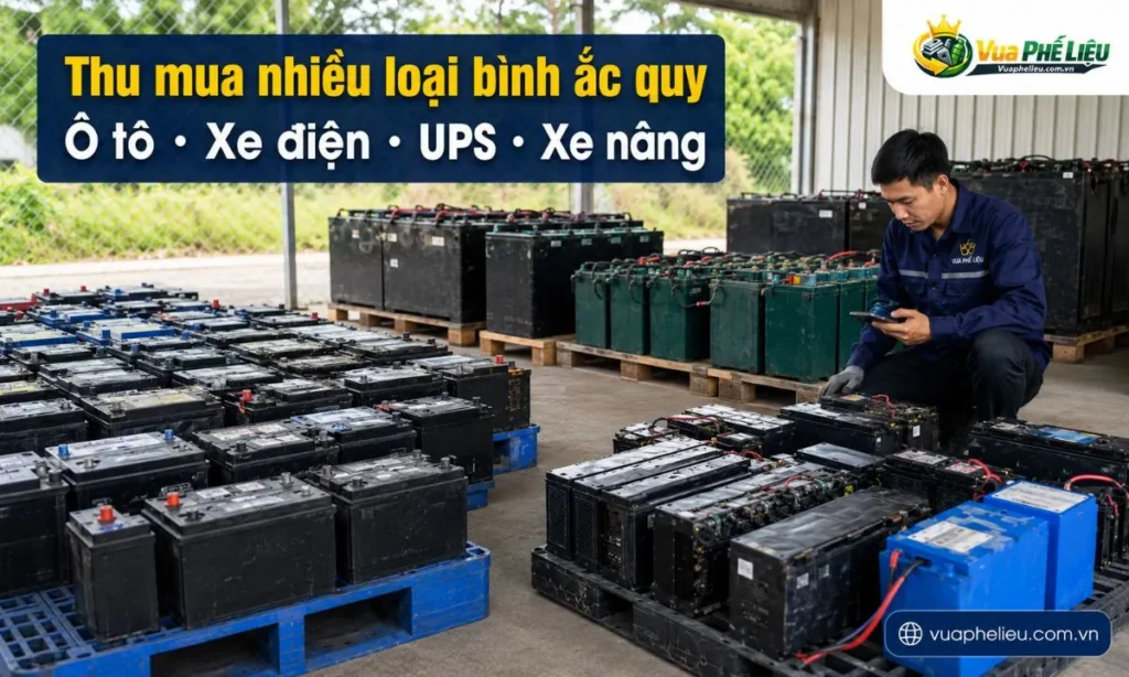 các loại bình ắc quy cũ được thu mua gồm bình ô tô, xe tải, xe máy điện, xe đạp điện, UPS, viễn thông, xe nâng, bình năng lượng mặt trời và bình lưu trữ.