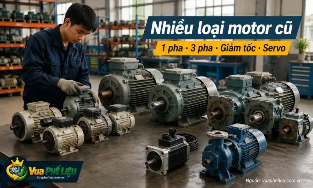 các loại motor cũ Vua Phế Liệu nhận thu mua như motor điện 1 pha, motor 3 pha, motor công nghiệp, motor giảm tốc, motor servo, motor bơm và motor phế liệu.
