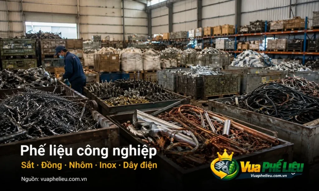 các loại phế liệu công nghiệp Vua Phế Liệu nhận thu mua tại Bình Dương như sắt, đồng, nhôm, inox, dây điện cũ, nhựa, giấy, bao bì, pallet và thiết bị nhà xưởng.