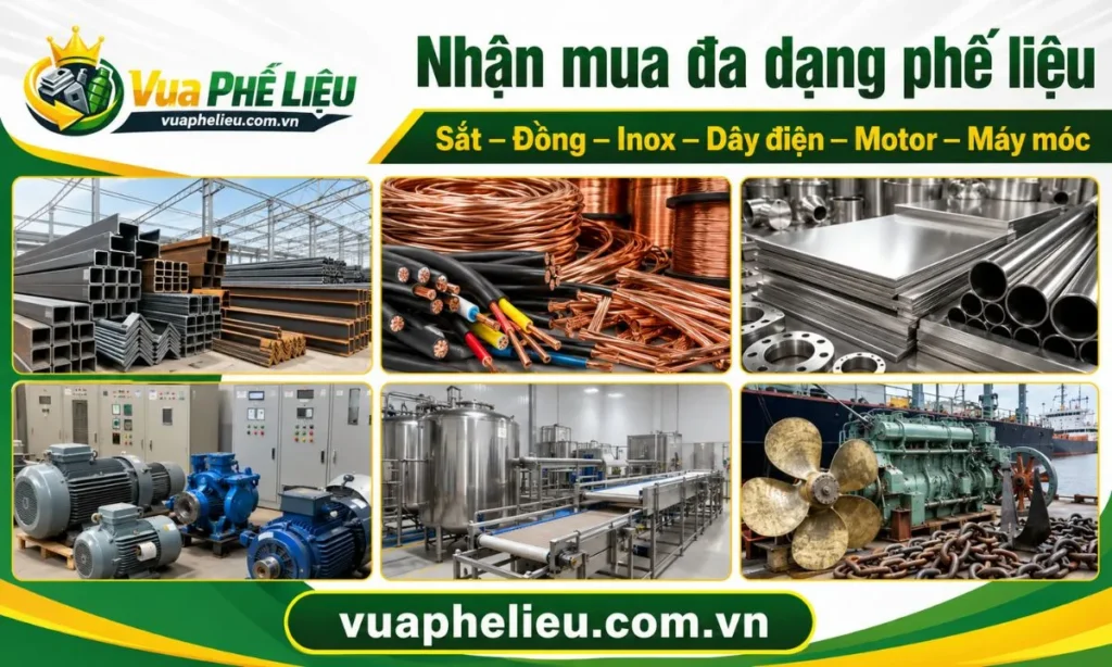 các mặt hàng phế liệu Vua Phế Liệu nhận mua tại Bạc Liêu, gồm kim loại, thiết bị điện, máy móc thủy sản và hàng hải cũ.