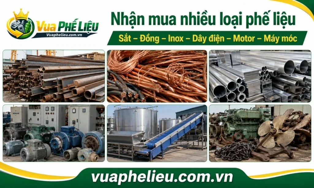 các nhóm phế liệu Vua Phế Liệu nhận mua tại Cà Mau, gồm kim loại, thiết bị điện, máy móc thủy sản và thiết bị cơ khí biển.