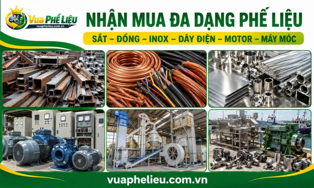 các nhóm phế liệu Vua Phế Liệu nhận mua tại Sóc Trăng, gồm kim loại, thiết bị điện, máy xay xát, thiết bị thủy sản và máy tàu.