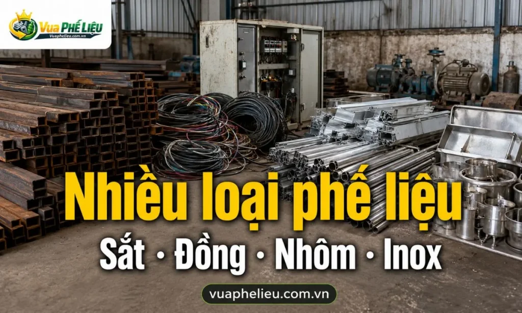 các loại phế liệu Vua Phế Liệu nhận mua tại An Giang gồm sắt, đồng, nhôm, inox, dây điện cũ, nhựa, giấy carton, pallet, bao bì, motor và thiết bị cũ.