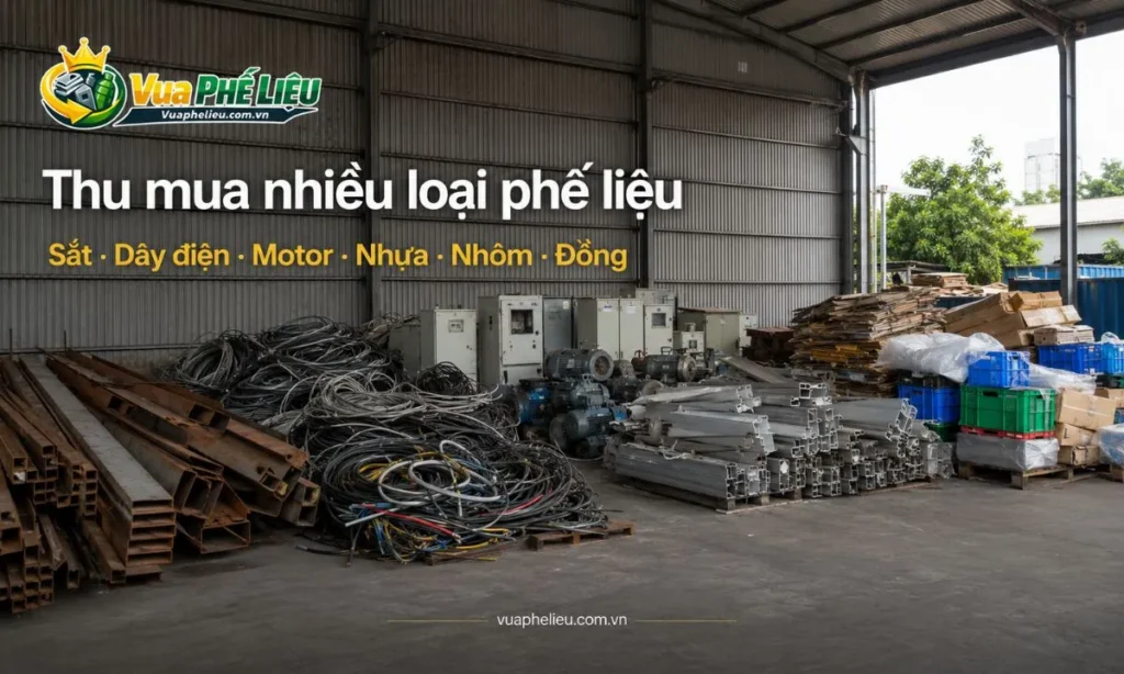 các loại phế liệu Vua Phế Liệu nhận mua tại Bắc Giang như sắt, đồng, nhôm, inox, dây điện, motor, tủ điện, hợp kim, nhựa, carton, pallet và máy móc cũ.