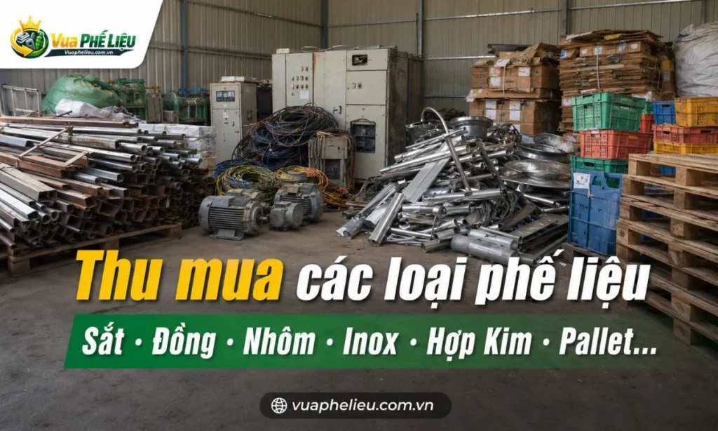 các loại phế liệu Vua Phế Liệu nhận mua tại Bến Tre như sắt, đồng, nhôm, inox, dây điện, nhựa, carton, pallet, motor, tủ điện và máy móc cũ.