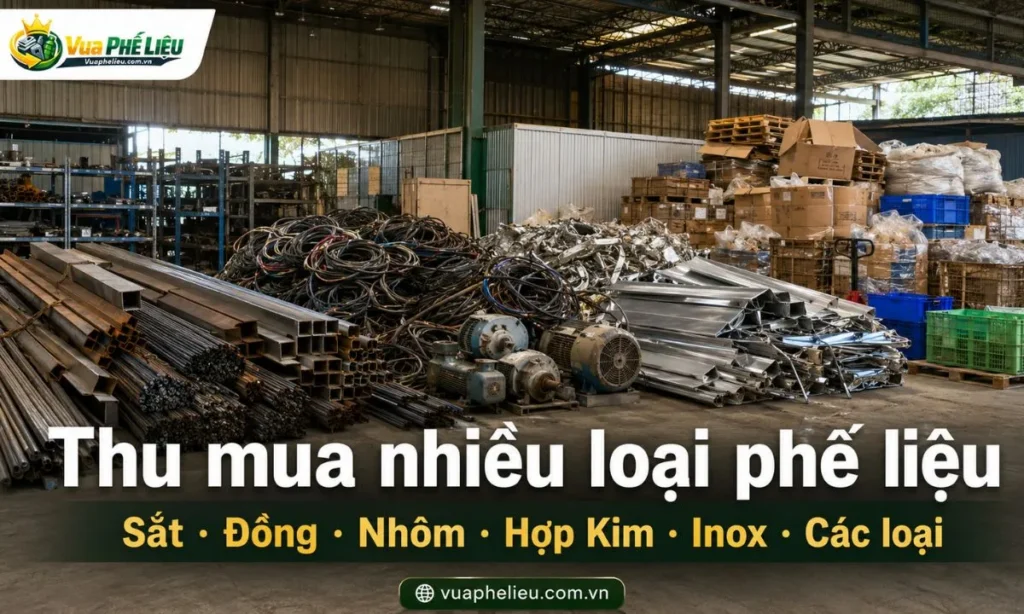 các loại phế liệu Vua Phế Liệu nhận mua tại Đồng Tháp như sắt, đồng, nhôm, inox, dây điện, hợp kim, nhựa, carton, pallet, motor và máy móc cũ.