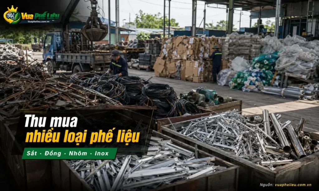 các loại phế liệu Vua Phế Liệu nhận thu mua tại Hà Tĩnh như sắt vụn, đồng, nhôm, inox, dây điện cũ, nhựa, giấy carton và thiết bị nhà xưởng.