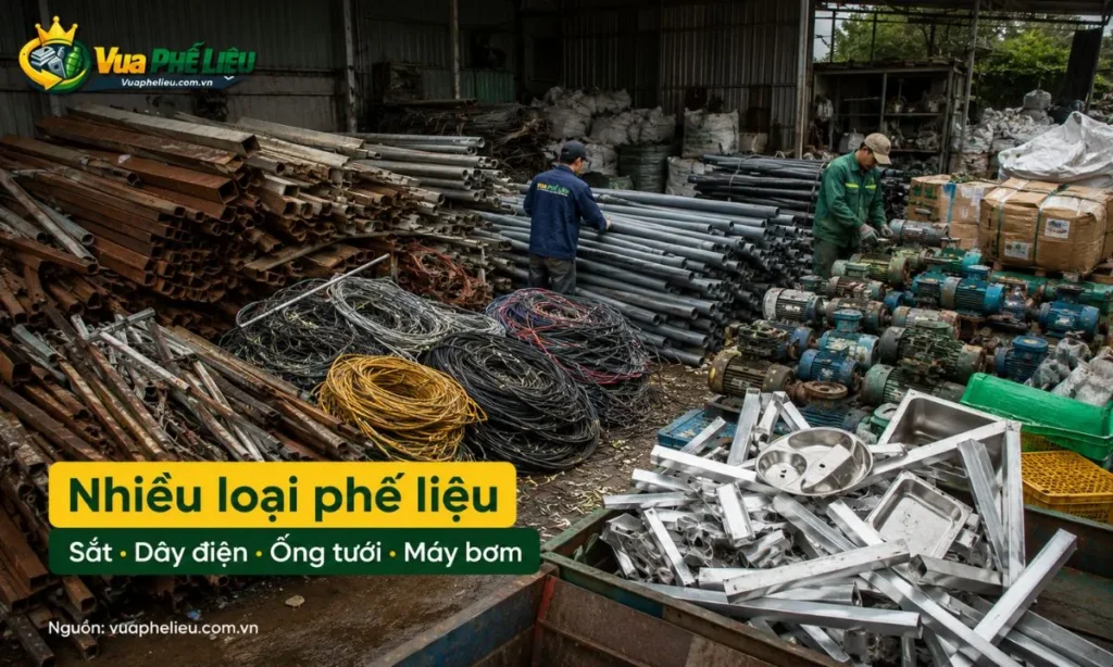 các loại phế liệu Vua Phế Liệu nhận thu mua tại Lâm Đồng như sắt, đồng, nhôm, inox, dây điện cũ, nhựa, giấy, máy móc cũ và vật tư nông nghiệp thanh lý.