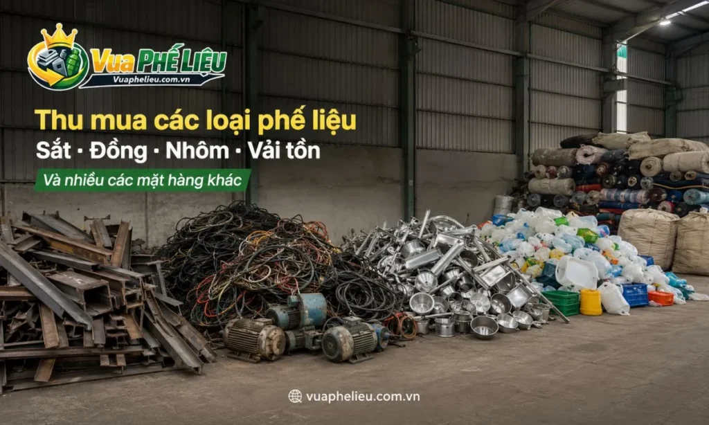 các loại phế liệu Vua Phế Liệu nhận mua tại Nam Định như sắt, đồng, nhôm, inox, dây điện, hợp kim, nhựa, giấy carton, vải tồn kho và máy móc cũ.
