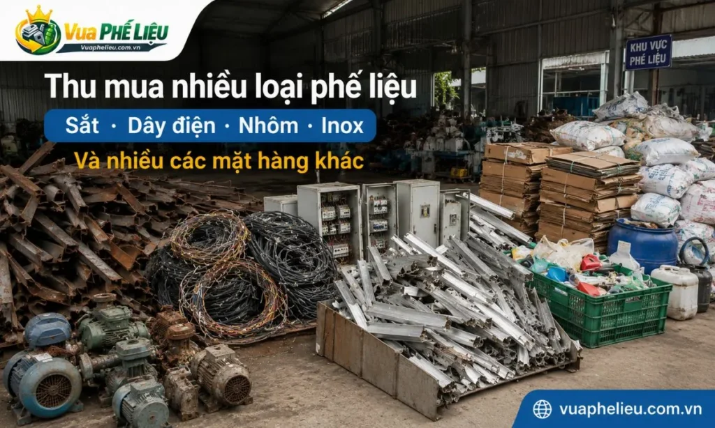 các loại phế liệu Vua Phế Liệu nhận mua tại Tiền Giang gồm sắt thép, đồng, nhôm, inox, dây điện cũ, nhựa, giấy carton, pallet, bao bì, motor và thiết bị nhà xưởng.
