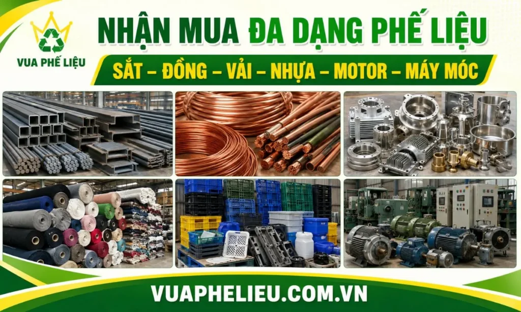 các nhóm phế liệu Vua Phế Liệu nhận mua tại Tây Ninh, gồm kim loại, vải, nhựa, thiết bị điện và máy sản xuất cũ.