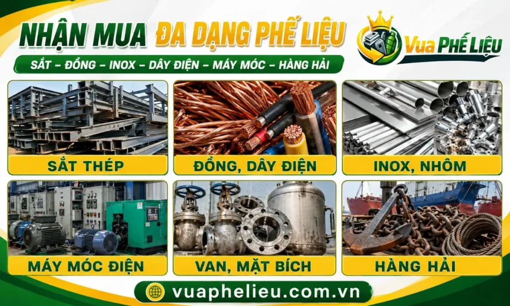 các nhóm phế liệu Vua Phế Liệu nhận mua tại Vũng Tàu, gồm kim loại, dây cáp, máy móc và thiết bị hàng hải cũ.