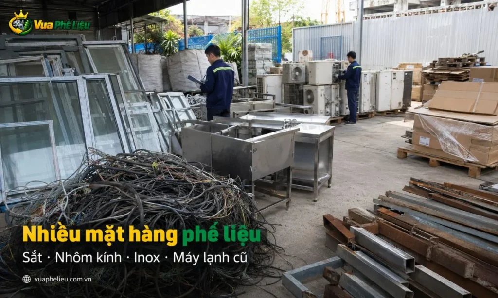 các mặt hàng Vua Phế Liệu nhận thu mua tại Đà Nẵng như sắt, đồng, nhôm, inox, dây điện cũ, máy lạnh cũ, thiết bị inox, bao bì, pallet và phế liệu công trình.