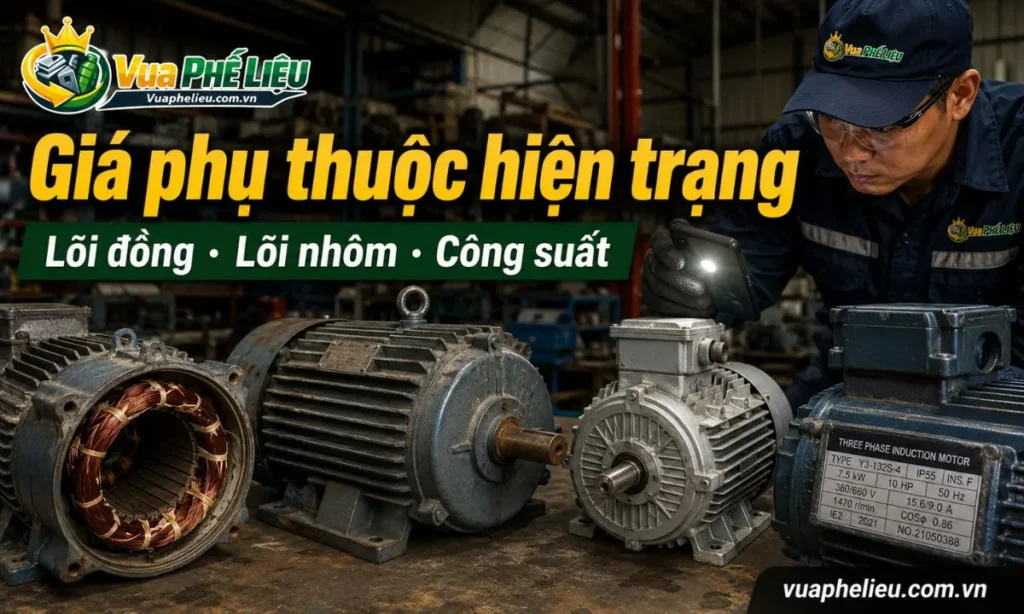 các yếu tố ảnh hưởng đến giá thu mua motor cũ như lõi đồng, lõi nhôm, vỏ gang, vỏ nhôm, công suất, trọng lượng và tình trạng motor thực tế.