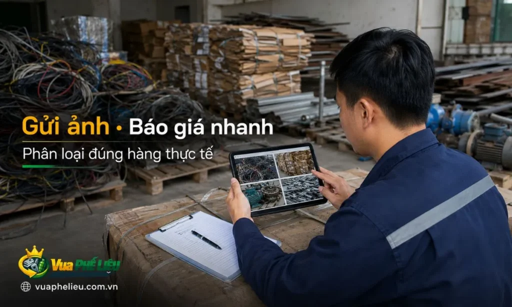 quy trình gửi ảnh báo giá phế liệu Cần Thơ qua Zalo, giúp phân loại sắt, đồng, nhôm, inox, dây điện, máy móc, bao bì và phế liệu kho bãi.