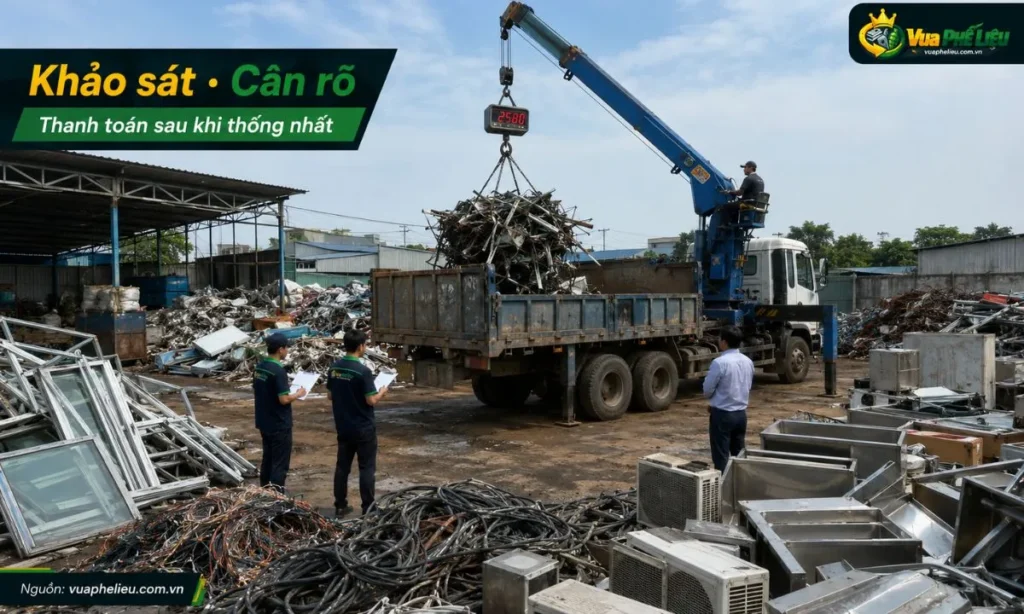quy trình khảo sát, cân hàng và thanh toán khi thu mua phế liệu tại Đà Nẵng cho công trình, khách sạn, nhà hàng, kho bãi, nhà xưởng và lô hàng thanh lý.