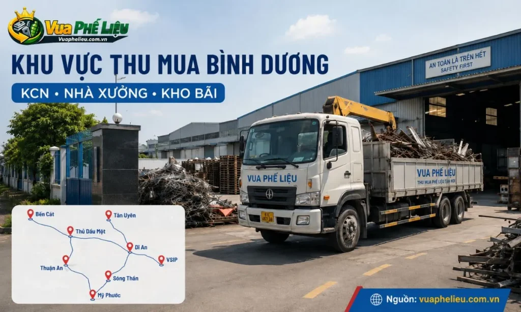 khu vực thu mua phế liệu Bình Dương, hỗ trợ báo giá tại KCN, nhà xưởng, kho bãi, công trình, Thủ Dầu Một, Dĩ An, Thuận An, Tân Uyên, Bến Cát và khu vực lân cận.