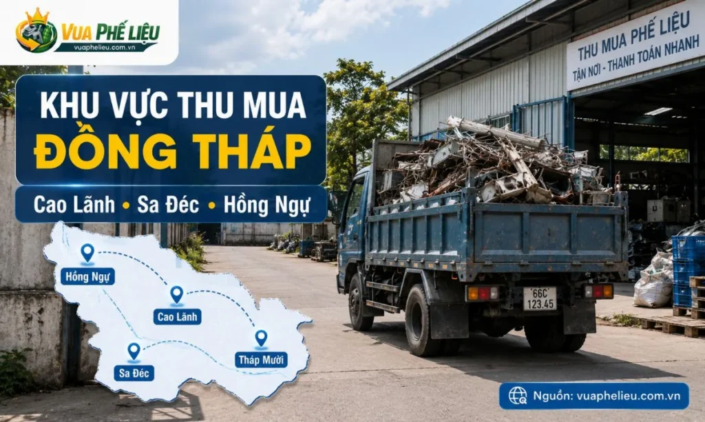 khu vực thu mua phế liệu Đồng Tháp, nhận báo giá tại Cao Lãnh, Sa Đéc, Hồng Ngự, Tam Nông, Tân Hồng, Thanh Bình, Tháp Mười, Lấp Vò, Lai Vung và Châu Thành.