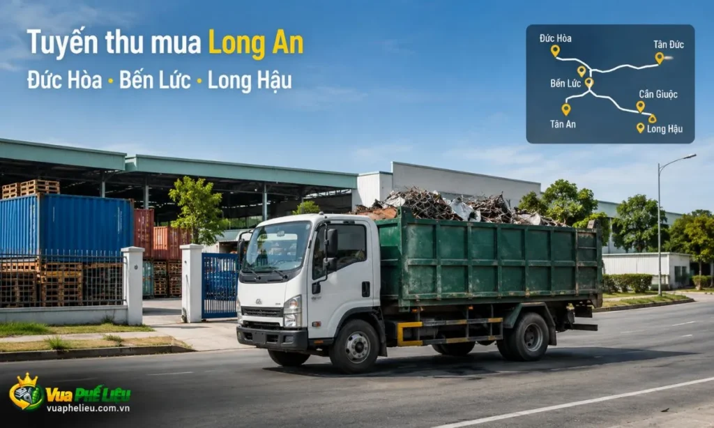 tuyến thu mua phế liệu tại Long An, hỗ trợ báo giá tại Đức Hòa, Bến Lức, Tân An, Cần Giuộc, Cần Đước, Long Hậu, Tân Đức, Thuận Đạo, Hải Sơn và Xuyên Á.