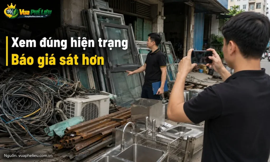 việc kiểm tra hiện trạng lô phế liệu tại Đà Nẵng trước khi báo giá, gồm phế liệu công trình, nhôm kính, dây điện, inox, máy móc cũ và hàng cần tháo dỡ.