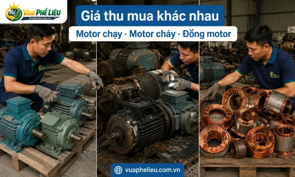 sự khác nhau giữa motor còn chạy, motor cháy hỏng và đồng motor phế liệu, giúp khách hiểu cách phân loại trước khi bán motor cũ.